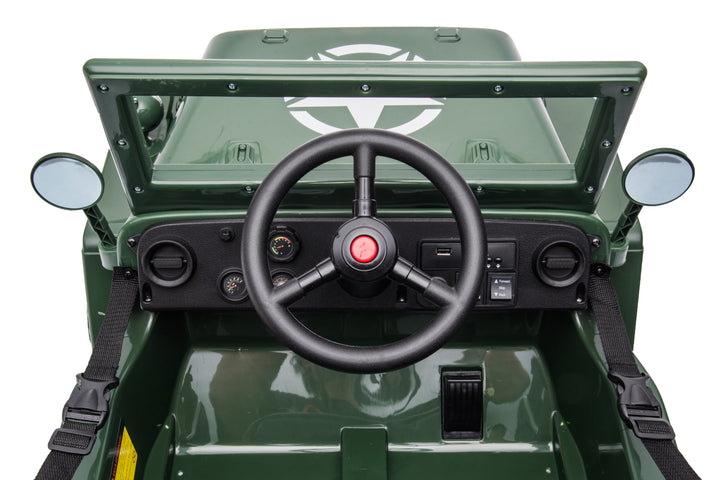 Toddler Willys Jeep electric ride-on with realistic features
