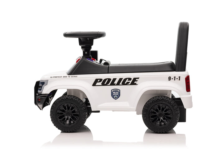 Police-themed ride-on toy for toddlers, white