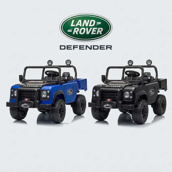 Blue and black Land Rover Defender ride-on cars with Land Rover Defender branding in the background