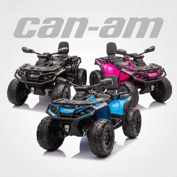 Can-Am Outlander quad bikes in blue, black and pink with a Can-Am logo backdrop