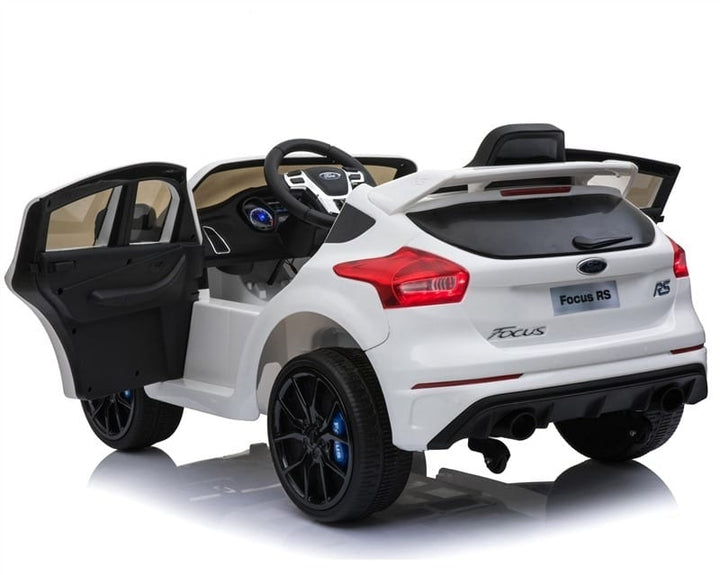White 12v Ford Focus RS kids ride on car with opening doors