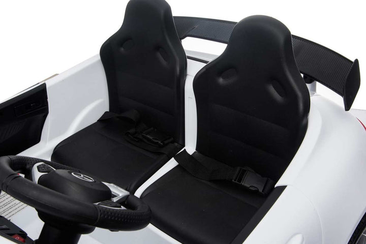 12v 2 Seater Mercedes GT R AMG Electric RIde on Car in white with seat belts
